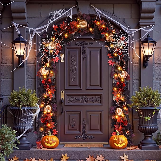 SHareconn 2 Pcs 9FT Halloween Garland with Purple Lights Battery Operated and Timer, Pre-Lit Black Red Maple Leaves Lighted Garland Decorations for Fireplace Mantle Centerpiece Indoor Outdoor Decor