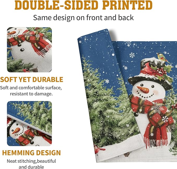 Blue Snowman Christmas Placemats Set of 4 Xmas Tree Cardinal Snowflakes Linen Table Mats Seasonal Winter Holiday Place Mats Washable Placemat for Party Kitchen Dining Outdoor Indoor Decor