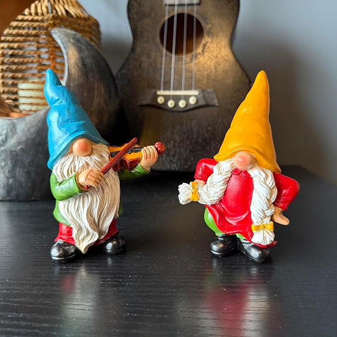 Garden Gnome Duo Decorative Figurines 5.5“ Ornament for Indoor Outdoor Home Garden Decor，Musical Violin Player and Dancing, Colorful Outdoor Statues, Set of 2