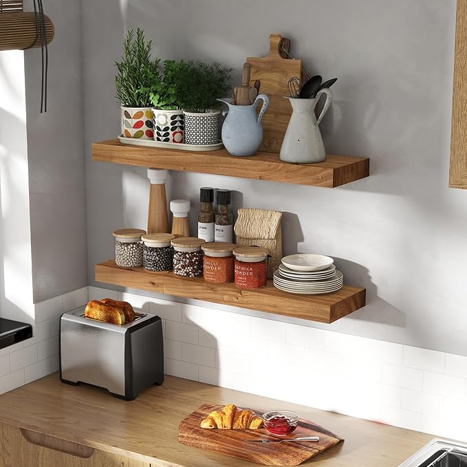 Rustic 30" Floating Shelves, Real Elm Wood Floating Shelf for Wall, Heavy-Duty Wall Shelves for Books, Wooden Floating Shelves with Invisible Bracket for Bathroom, Kitchen, Natural Color, Set of 2