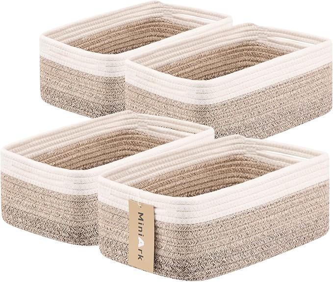 Small Storage Baskets for Organizing | Closet Organizer Bins | Shelf Toy Basket | Woven Rope Baskets | Cube Decorative Box | Shallow Basket | 13x8.5x5.1” | 4 Packs Gradient Brown