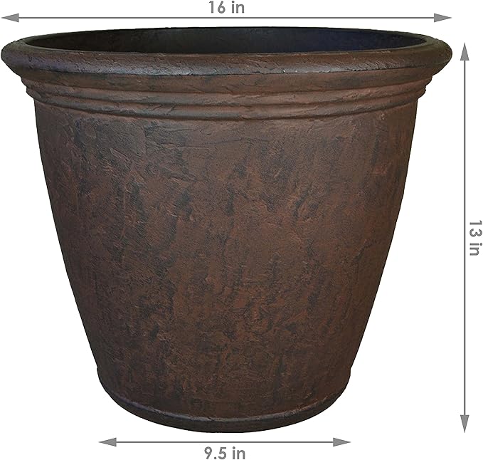 Sunnydaze 15.25-Inch Anjelica Large Plastic Pot for Plants - Outdoor Polyresin Round Planter with Drillable Drainage Holes - Rust - 4pk