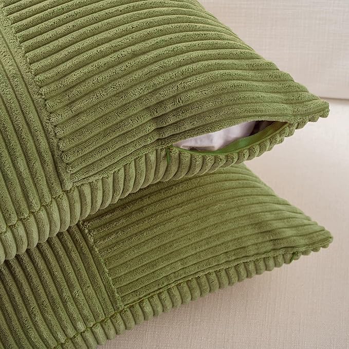Fancy Homi 2 Packs Moss Green Decorative Throw Pillow Covers 16x16 Inch for Living Room Couch Bed, Rustic Farmhouse Boho Home Decor, Soft Corss Patchwork Corduroy Textured Square Cushion Case 40x40 cm