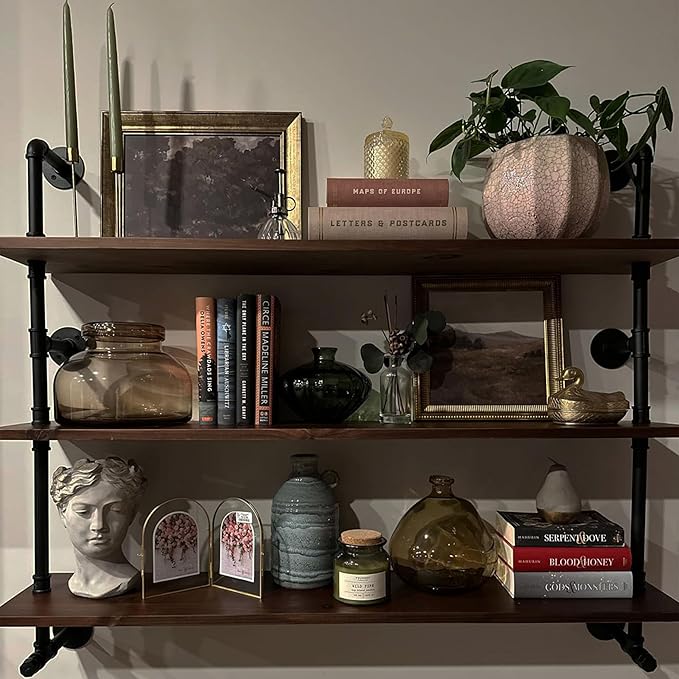 Industrial Pipe Wall Shelves Pipe Shelving with Real Wood Plank ,48 Inches Floating Shelves for Wall Farmhouse Pipe Book Shelves Dark Brown 3 Tier for Kitchen,Living Room Decor and Bar Shelving