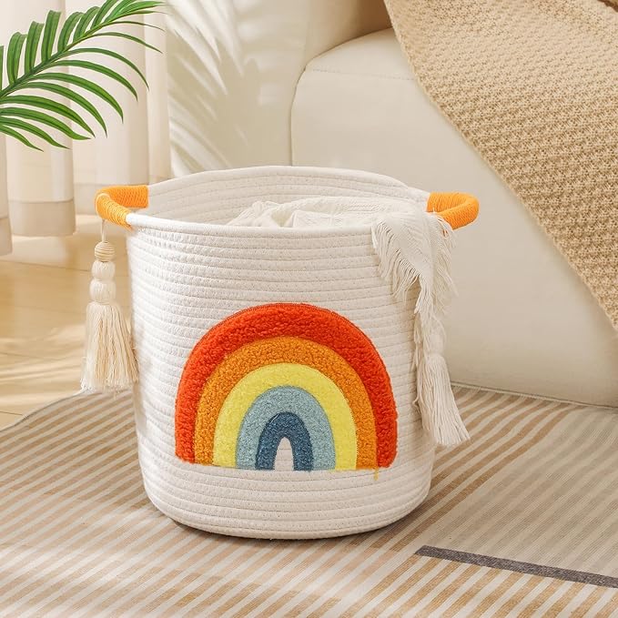 INough Toy Storage Baskets Woven Cotton Rope Storage Basket Kids Blanket Baskets for Living Room, Toys Organizer with Embroidery Colorful Rainbow Decor, Baby Basket for Laundry Nursery (Boho Rainbow)