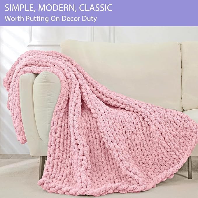 Bigacogo Chunky Knit Throw Blanket for Couch, 51x63 inches, 100% Hand Knitted with Thick Jumbo Chenille Yarn, Cozy Soft Large Rope Knot Cable Crochet Blankets for Sofa Bed Living Room, Blush Pink