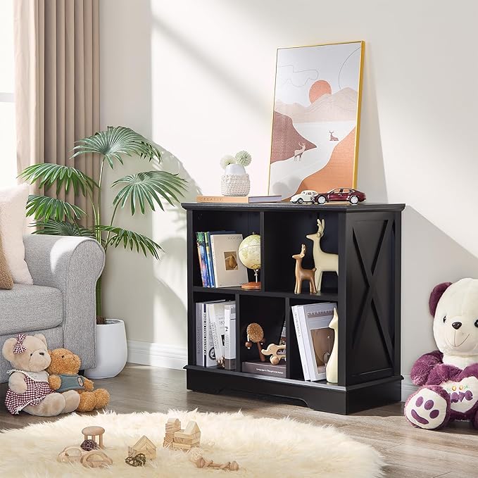 Farmhouse 5 Cube Bookshelf, Black Storage Organizer Bookcase, Kids Toy Storage Cabinet, Small Bookshelves Storage Organizer Shelf, Wood Display Cabinet Book Shelves for Bedroom,Living Room,Office