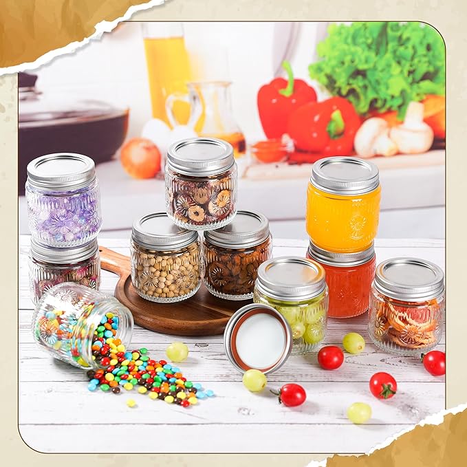 Mason Jars 8 oz - Vintage Small Glass Mason Jars with Silver Metal Lids, Regular Mouth Canning Jars, Safe For Storage, Canning, Pickling, Preserving, Fermenting, DIY Crafts & Decor (24Pack)