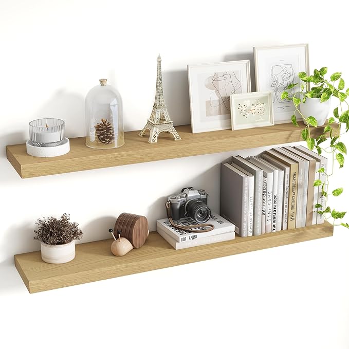 40 Inch Floating Shelves, 8 Inch Deep Floating Shelves for Wall, Hanging Shelf with Invisible Brackets, Deep Shelves for Bathroom, Bedroom, Living Room, Oak, Set of 2