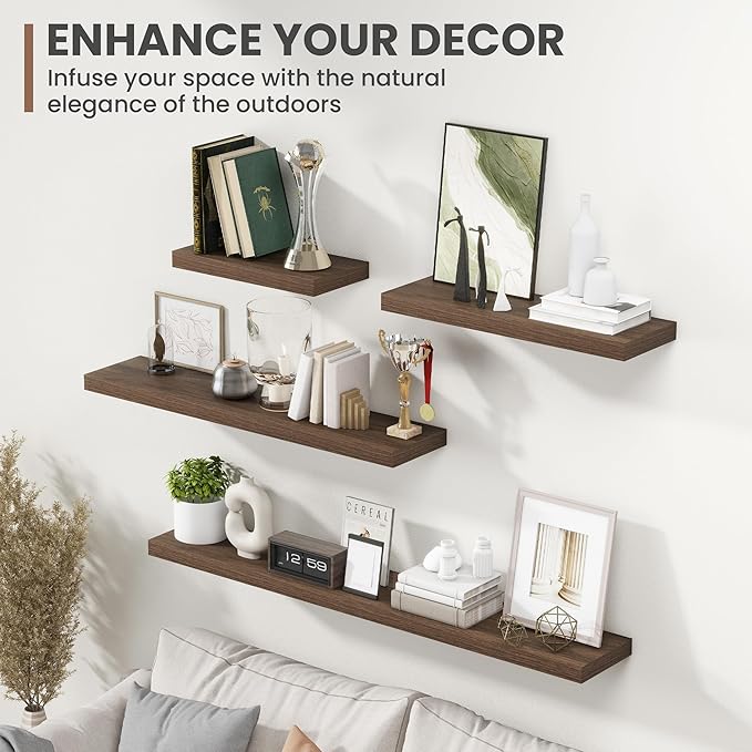 48 Inch Floating Shelves, 8 Inch Deep Floating Shelves for Wall, Hanging Shelf with Invisible Brackets, Deep Shelves for Bathroom, Bedroom, Living Room, Walnut, Set of 1