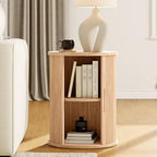 LINSY HOME Round Fluted End Table, Tall Side Table with Sliding Tambour Door and Storage Shelf, Modern Bedside Table, Mid-Century Nightstand for Living Room, Bedroom, Oak