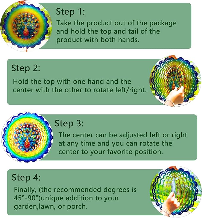 Peacock Hanging Wind Spinners,12 Inch 3D Garden Spinner Kinetic Art Garden Decorations，Stainless Steel Reflective Wind Spinners for Yard