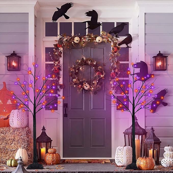 2Pack 4FT 100LED Black Halloween Tree Lights, Timer Function Halloween Trees with Purple and Orange Lights, Spooky Trees Light for Indoor Outdoor Halloween Decorations