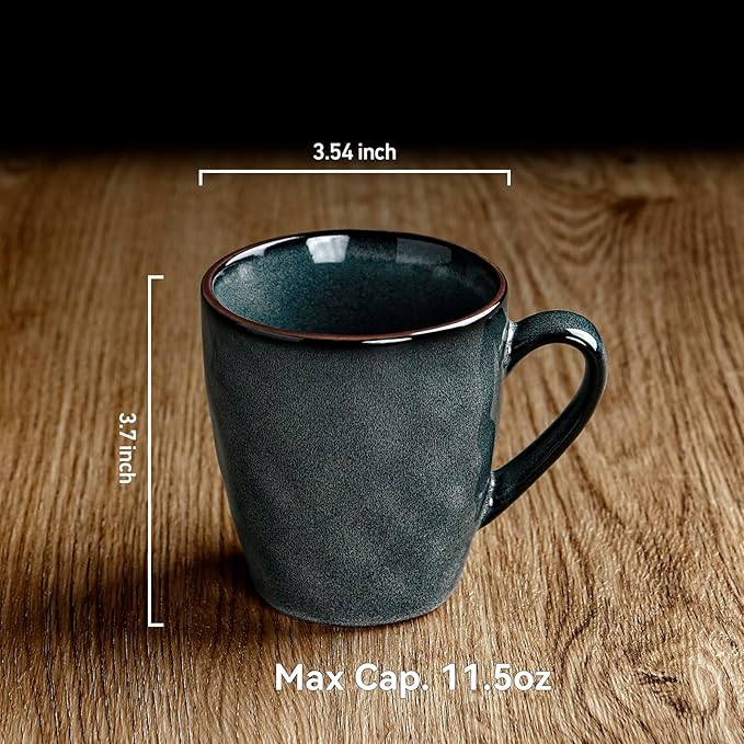 famiware Coffee Mugs Set of 4, Ocean Round 11.5oz Coffee Cup Set with Handle for Cocoa, Milk, Hot Chocolate, Stoneware Cups for Kitchen, Reactive Glaze, Microwave Dishwasher Safe, Deep Forest