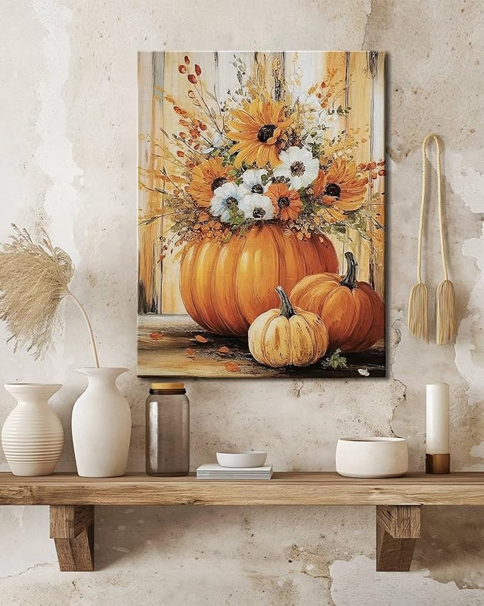 Rustic Autumn Fall Floral Pumpkin Wall Art Decor, Fall Floral Botanical Print for Thanksgiving Decorations, Autumn Wall Art Print for Farmhouse Living Room Bedroom Fall Decor, Ready to Hang