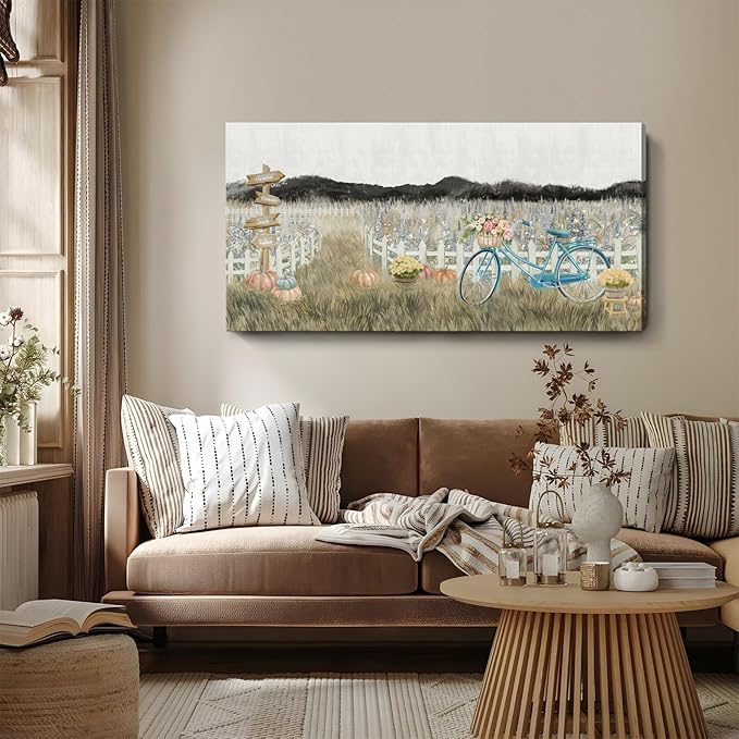 Large Wall Art for Living Room Farmhouse Wall Decor, Modern Boho Vintage Organnic Country Rustic Cottagecore Neutral Landscape Artwork with Mountains Bicycle Flower, Floral Picture Bedroom Kitchen