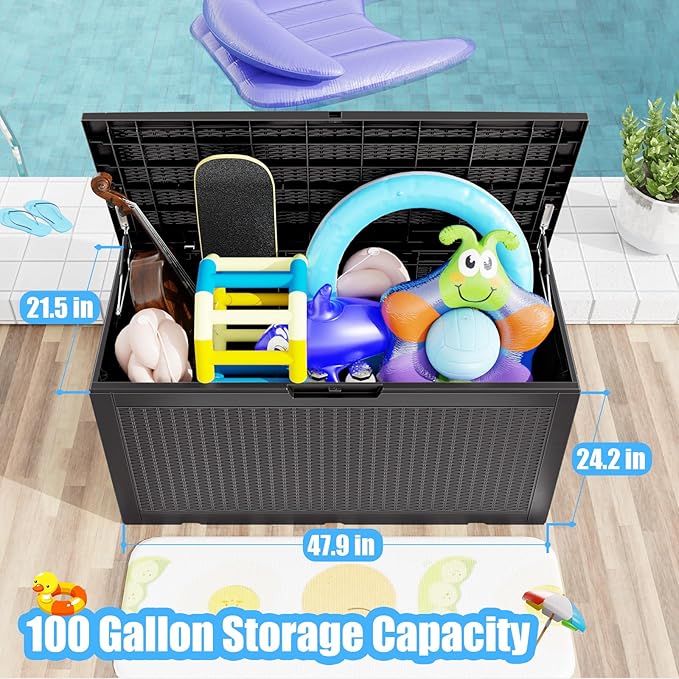 100 Gallon Deck Box,Resin Outdoor Storage Box with Lockable for Patio Furniture, Pool Accessories, Garden Tools Waterproof Outside Storage Box, Black