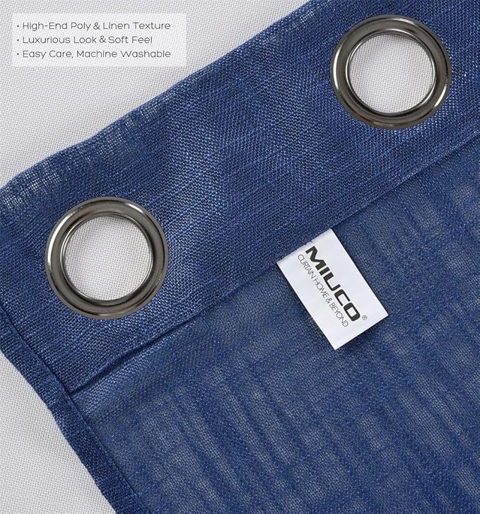 MIUCO Semi Sheer Curtains Poly Linen Textured Solid Grommet Curtains 63 Inches Long for Bedroom 2 Panels (2 x 37 Wide x 63" Long) Navy Blue