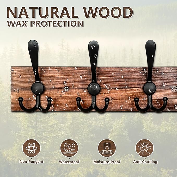 IBosins Wall Mounted Coat Rack, 31-2/5'' Long, Entryway Hanging Rack, Metal Wood Coat Hooks Rack with 8 Black Rustic Tri-Hooks Rail for Coat, Bag, Towel, Key, Hat, Umbrella