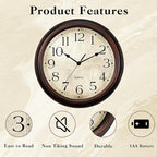 14 Inch Wall Clocks Battery Operated Silent Non-Ticking Analog Wall Clock Vintage Retro Rustic Style Decorative for Living Room Kitchen Home Office(Bronze)