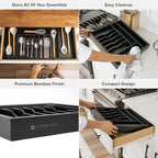 Premium Silverware, Flatware and Utensil Organizer for Kitchen Drawers, Food-Safe Contract Grade, Expandable from 18 to 33 In, Black Bamboo