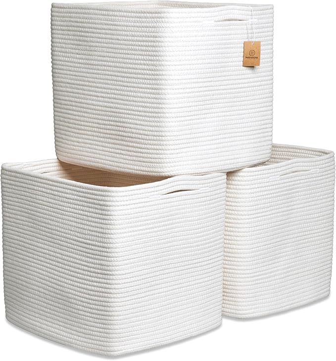 NaturalCozy 13x15x13 Kallax Storage Cubes, 3 Pack | Cotton Rope Cube Storage Bins Woven Baskets for Organizing | Kallax Insert Baskets for Shelves Organizer, Kids Toy, Pantry, Closet, Baby Nursery