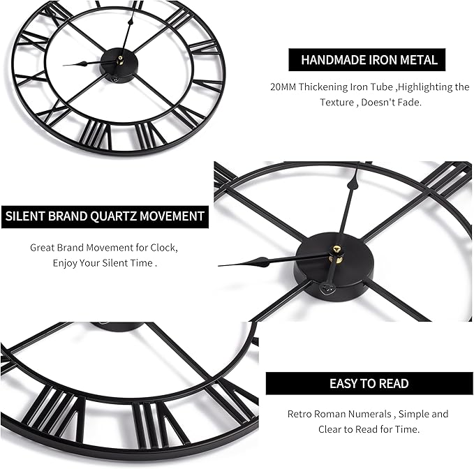 Large Modern Metal Wall Clocks Rustic Round Nearly Silent Little Ticking Battery Operated Roman Numerals Clock for Living Room/Bedroom/Kitchen Wall Decor-(Black, 47cm)