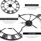 Large Modern Metal Wall Clocks Rustic Round Nearly Silent Little Ticking Battery Operated Roman Numerals Clock for Living Room/Bedroom/Kitchen Wall Decor-(Black, 47cm)