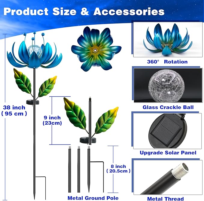 Solar Wind Spinner, 38 Inch Metal Stake Yard Spinners,Solar Powered Multi-Color LED Glass Ball with Kinetic Wind Sculpture Spinner Windmills for Yard