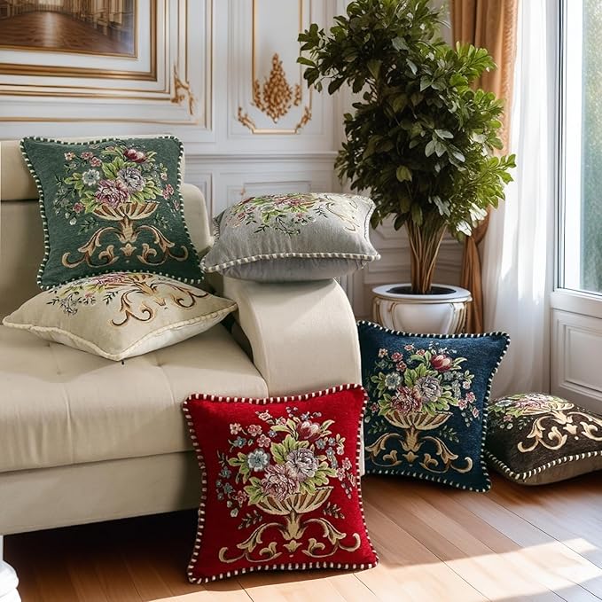 Set of 2 Blue Vintage Embroidered Throw Pillows Covers 18x18in，Vintage Decorations Floral Embroidered Cushion Cover for Sofa Couch Bed Chairs Car