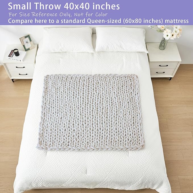 Bigacogo Chunky Knit Throw Blanket for Couch, 40x40 inches, 100% Hand Knitted with Thick Jumbo Chenille Yarn, Cozy Soft Large Rope Knot Cable Crochet Blankets for Sofa Bed Living Room, Ivory