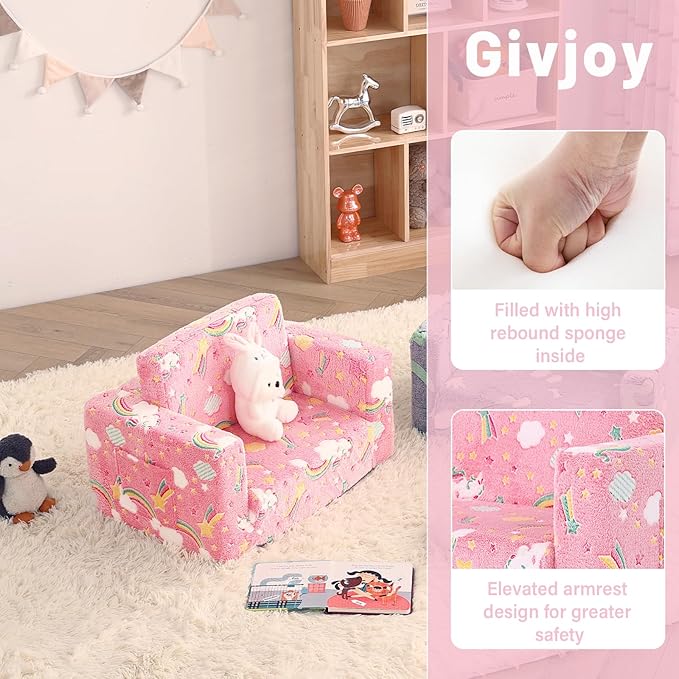 Toddler Chair Kids Couch, 2-in-1 Comfy Armchair with Removable and Washable Cover Carrying Handle, Convertible Reading Chair Toddler Couch for Girls and Boys, Pink Rainbow