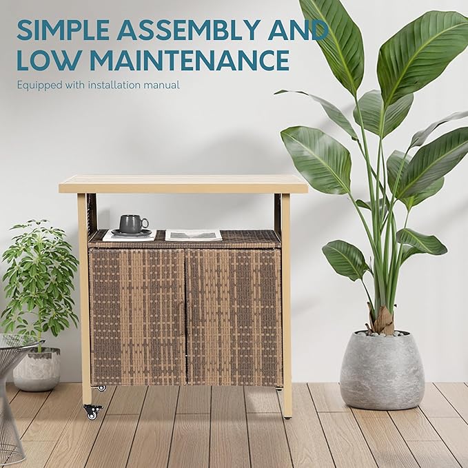 Outdoor Indoor Storage Cabinet with Rolling Wheels, Patio Serving Cart with Bar Table and Wicker Cabinet, Kitchen Island Prep Table, Beige