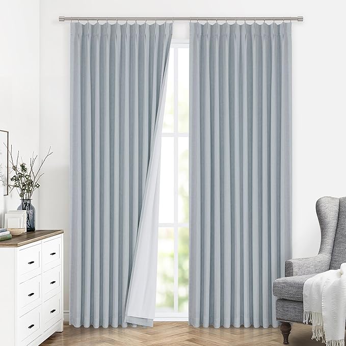 Vision Home Blue Fog Pinch Pleated Full Blackout Curtains Linen Blended Room Darkening Window Curtains 84 inch for Living Room Bedroom Thermal Insulated Pinch Pleat Drapes with Hooks 1 Panel 60"Wx84"L
