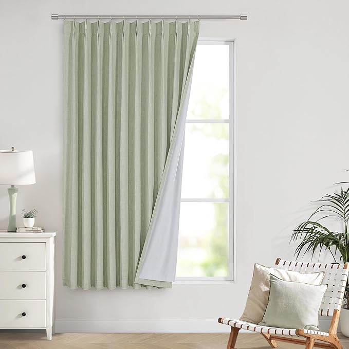 Vision Home Soft Green Pinch Pleated Full Blackout Curtains Linen Blended Room Darkening Window Curtains 72 inch for Living Room Bedroom Thermal Insulated Pinch Pleat Drapes with Hooks 60" Wx72 Lx1