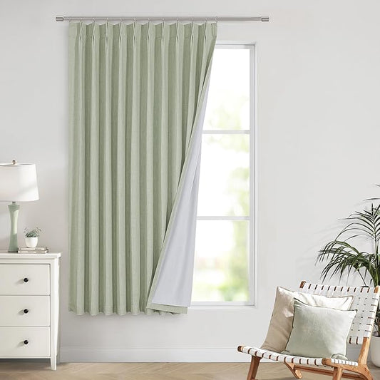 Vision Home Soft Green Pinch Pleated Full Blackout Curtains Linen Blended Room Darkening Window Curtains 72 inch for Living Room Bedroom Thermal Insulated Pinch Pleat Drapes with Hooks 60" Wx72 Lx1
