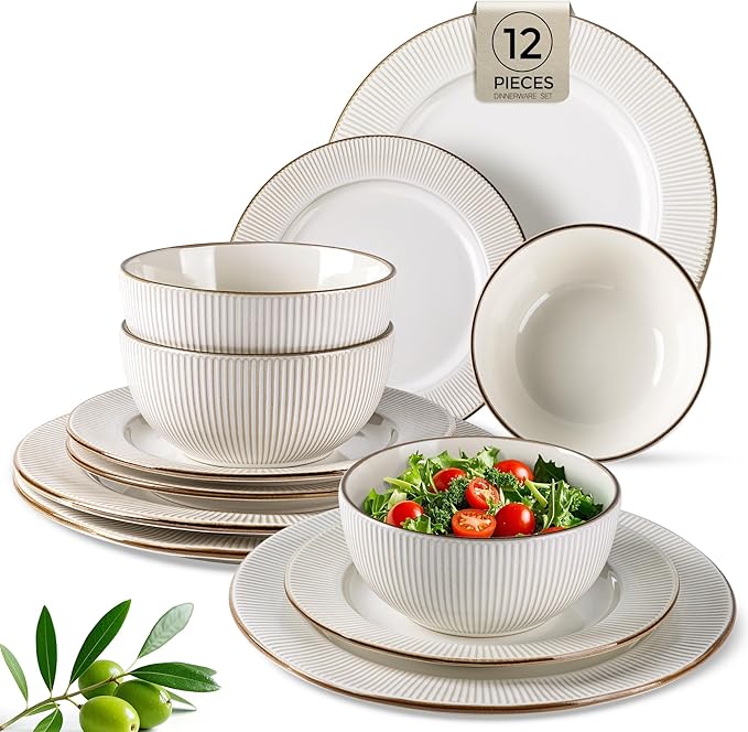 GBHOME Ceramic Dinnerware Sets,12 pcs Embossed Elegant Stoneware Plates and Bowls Sets, Housewarming Wedding Gift | Dishwasher & Microwave Safe | Dishes Set Service for 4