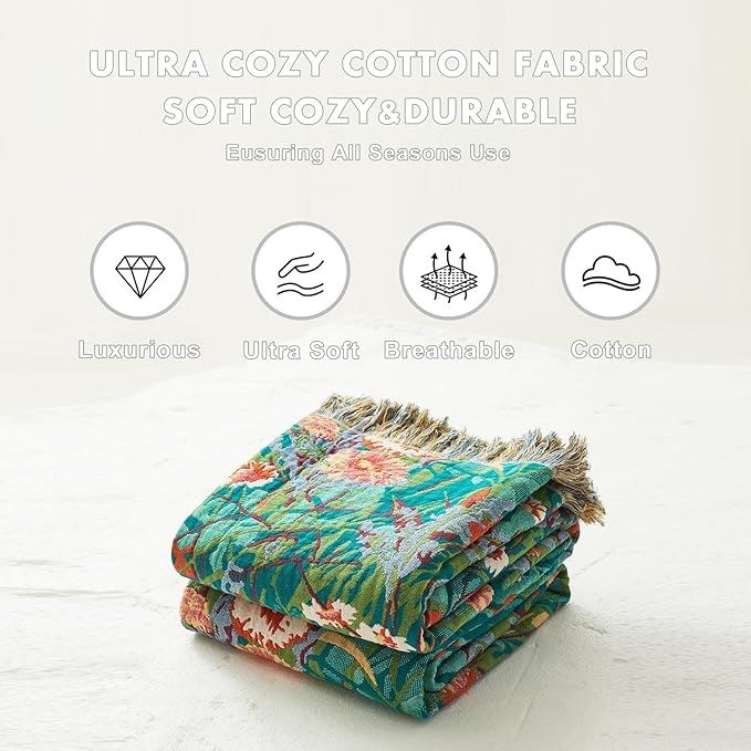 MSGKV Boho Throw Blanket for Couch Bed Chair 100% Cotton Muslin Breathable Floral Blanket 50"x60" Sofa Blankets for All Seasons Lightweight Farmhouse Blankets Boho Home Decor