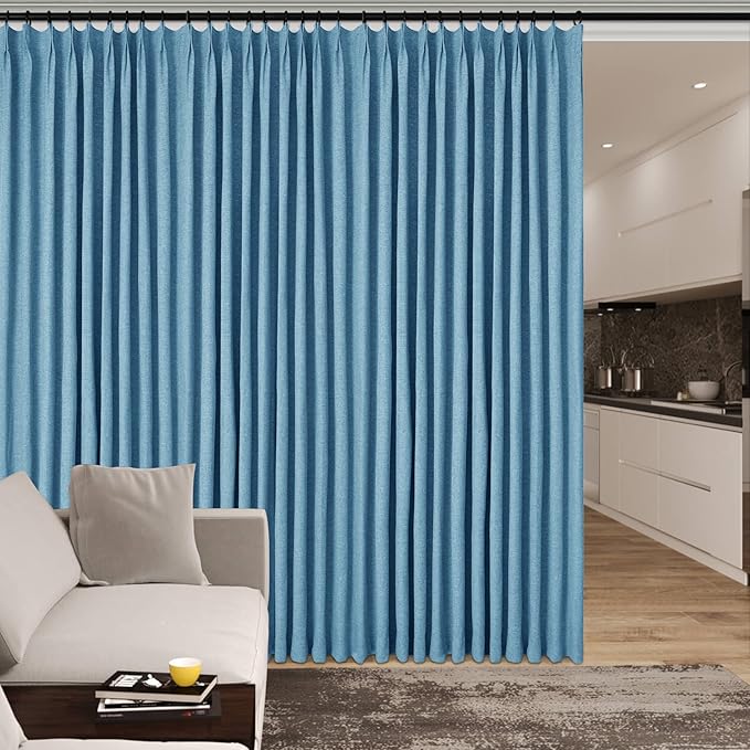100" W x 96" L Faux Linen Room Divider Curtains, Full Blackout Pinch Pleated Drapes for Traverse Rod, Bedroom Divider Privacy Drapery with Hooks for Ceiling Track, 1 Panel, Blue