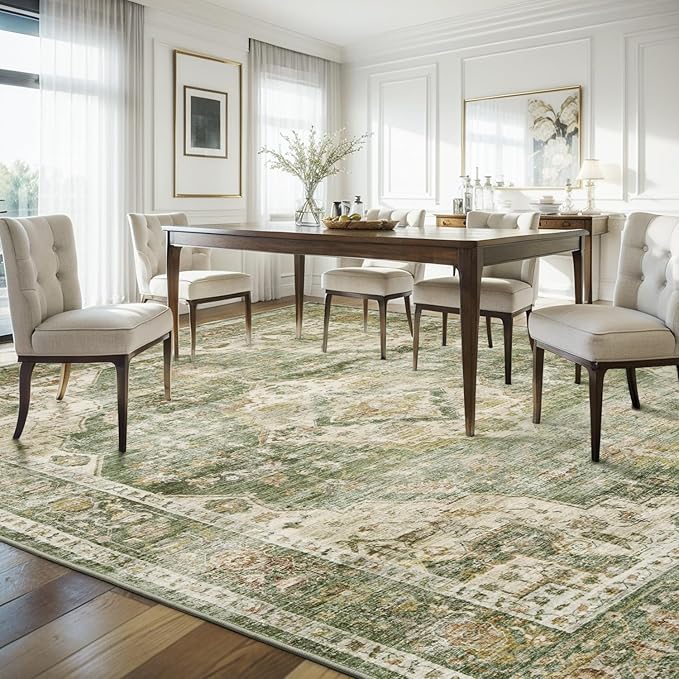 AMOAMI-Area Rug 6X9 Rugs for Living Room-Vintage Soft Green Rugs for Bedroom-Non Slip Carpet-Machine Washable Rug for Dining Room Living Room Bedroom Office Under Table
