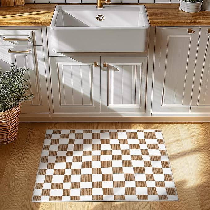 jinchan 2x3 Kids Area Rug Washable Indoor Entryway Doormat Modern Checkered Geometric Lattice Small Rug Non Slip Soft Carpet for Nursery Room Bedroom Bathroom Home Brown