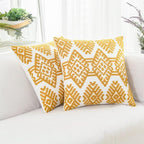 HWY 50 Mustard Yellow Decorative Throw Pillow Covers 18x18 Inch, Pack of 2 Embroidered Cotton Farmhouse Cushion Cover Pillow Case for Sofa Couch Living Room Bed Bedroon, Modern Diamond Geometric
