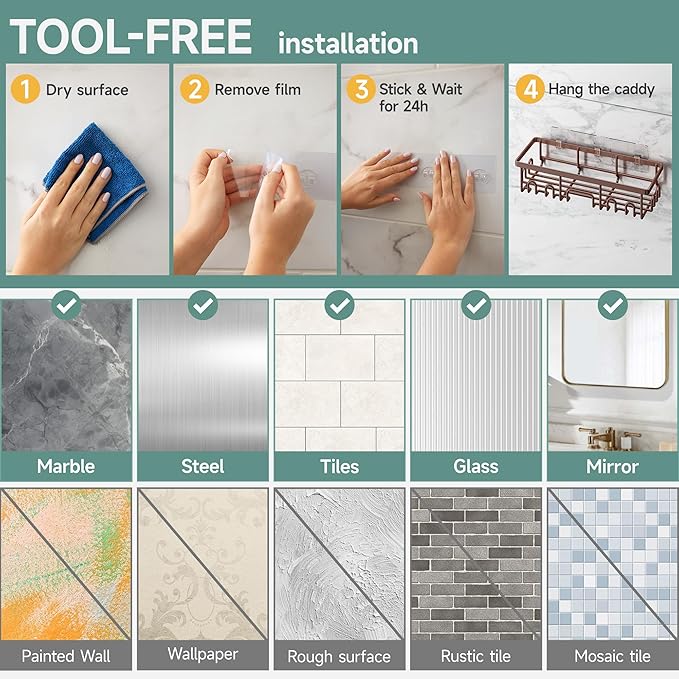 Veken Shower Caddy 6-Pack, No Drilling & Rustproof, Waterproof Adhesive Shelves Rack with Soap Holder, Large Capacity Bathroom Organizers and Storage, Wall-Mounted Kitchen & Home Decor