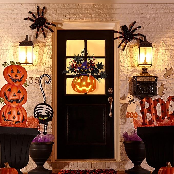 Halloween Pumpkin Decorations, Lighted Jack-O-Lantern with Maple Leaves Berries Black Cat, Halloween Door Sign Wood Pumpkin Lights for Front Door Indoor Outdoor Yard Party Cartoon Hanger Decor