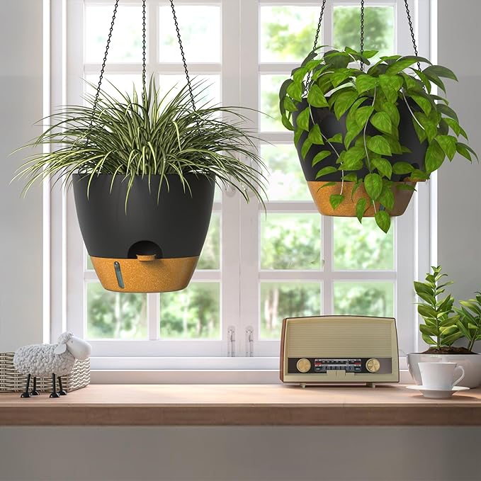 ZMTECH 12 Inch Hanging Planters for Indoor Outdoor Plants, 2 Pack Self Watering Hanging Plant Pots with Drainage Hole, Visual Reservoir, Plastic Flower Hanging Pots with Watering Lip (Black)