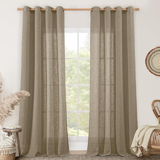 LAMIT Taupe Linen Curtains 90 Inch Length for Living Room, Soft Thick Linen Textured Window Panels Semi Sheer Light Filtering Bronze Grommet Farmhouse Country Decor Drapes, 2 Panels, 52 x 90 Inch