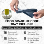 Olive Oil Dispenser Set With Silicone Tray & 40 Labels - 2 Black Bottles (500ml / 17oz) for Kitchen, Soy Sauce, Coffee Syrup