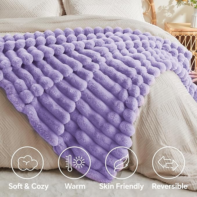 BEDELITE Faux Fur Throw Blanket for Couch, Soft and Cozy Luxurious 3D Striped Fluffy Blanket, 770GSM Thick Warm Plush Fuzzy Faux Rabbit Fur Blanket for Women Gift (Lavender, 60"x 80")