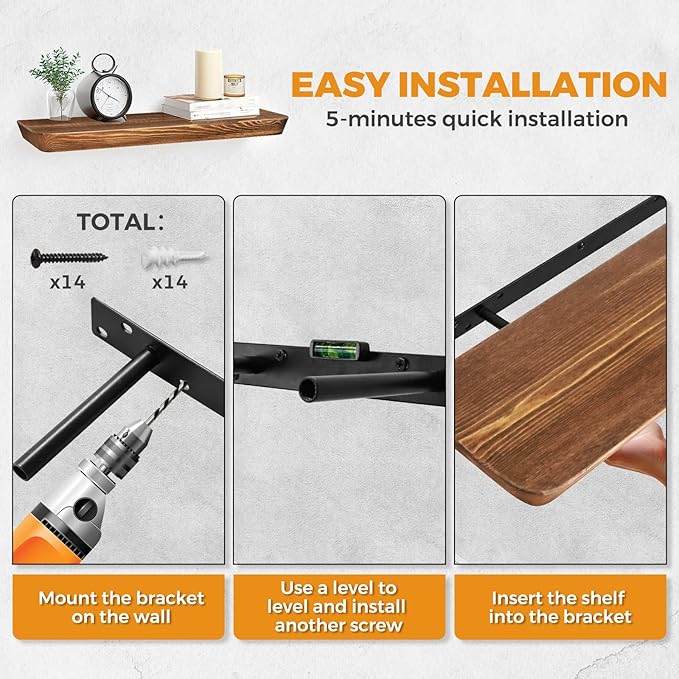 24"x6.8"x1.6" Slanted Floating Wall Shelves 2-Pack - Rustic Brown Finish, Heavy-Duty Solid Wood Design with Hidden Brackets - Perfect for Living Room, Kitchen, Bathroom, or Office