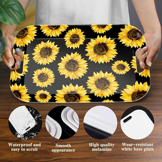Serving Trays with Handles, 14.5 x 9.8 inch Rectangular Plastic Tray for Restaurant, Kitchen, Sunflower Black Background